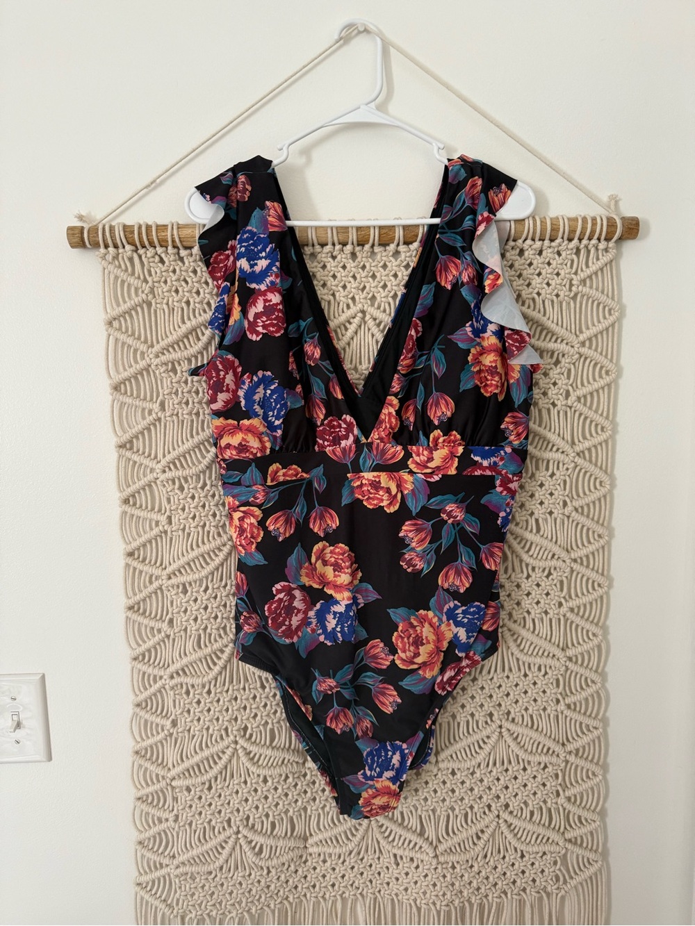 Modcloth Black Floral Ruffle-Shoulder One-Piece Swimsuit
